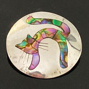 Vintage signed Mexican cat brooch/pendant in sterling & abalone